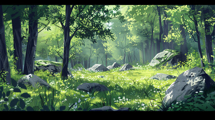 Summer forest with glade green grass rocks and trees.