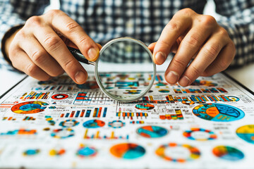 A man is holding a magnifying glass over a colorful chart