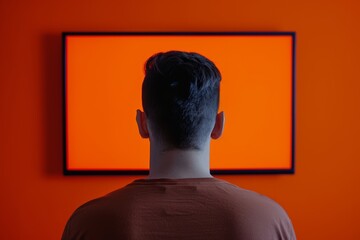 Application mockupover the shoulder shot of a man in front of an smart-tv with a fully orange screen