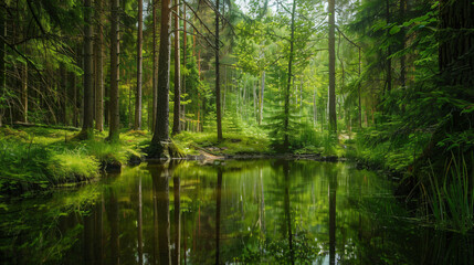 Fototapeta na wymiar Summer forest with green trees and small lake