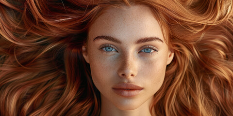 Obraz premium Red-haired woman with captivating freckles and striking blue eyes.
