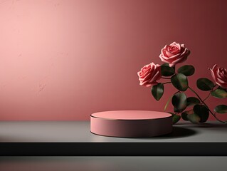 Rose podium background, platform for product presentation with empty space on dark studio wall vector illustration 3d rendering mockup design