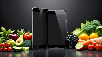 smartphone with a blank screen and fresh groceries