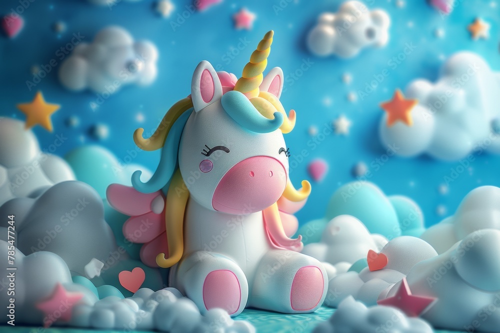 Poster a close up of a cake with a unicorn on it.