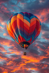 Vibrant striped hot air balloon soaring in a dramatic sunset sky.