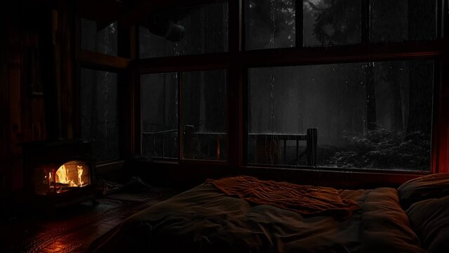 Rainy Night Ambience Finding Tranquility and sitting in Cozy Cabin with Fireplace in Night Forest