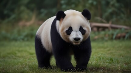 Fototapeta premium Giant panda bear eating bamboo generated ai