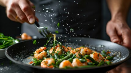 Expert chef preparing succulent shrimp and sprig beans: healthy seafood cooking on dark background