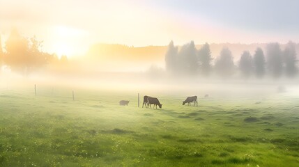 cows in the field grazing grass covered with fog