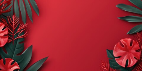 Fototapeta na wymiar Tropical plants frame background with red blank space for text on red background, top view. Flat lay style. ,copy Space