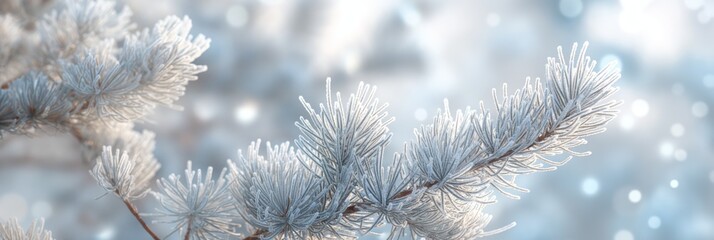 Close-up of ice-covered pine branch, symbolizing the stillness and chill of the winter season - obrazy, fototapety, plakaty