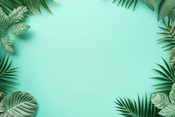 Tropical plants frame background with mint green blank space for text on mint green background, top view. Flat lay style. ,copy Space