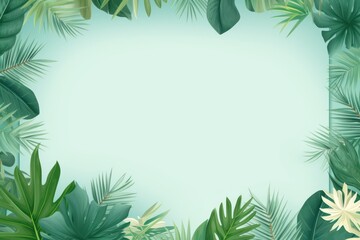 Tropical plants frame background with mint green blank space for text on mint green background, top view. Flat lay style. ,copy Space
