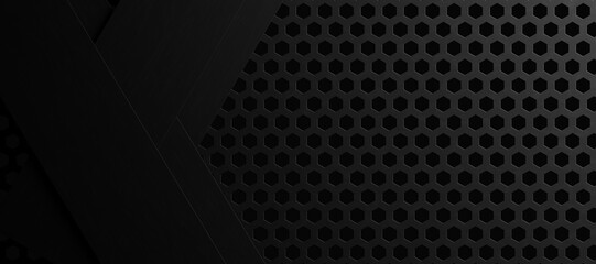 A black background with a black grid of hexagons.Design for sports background and technology background.