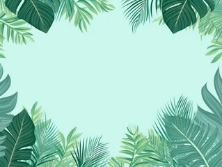 Fototapeta na wymiar Tropical plants frame background with mint green blank space for text on mint green background, top view. Flat lay style. ,copy Space