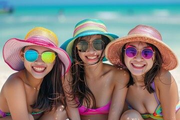 Three Beautiful Asian Girls on Beach, Pretty Women Wearing Color Hats, Generative AI Illustration