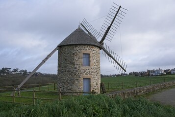 Telgruc-sur-Mer, France - Apr 5, 2024: Wonderful landscapes in France, Brittany. Luzeoc windmills...