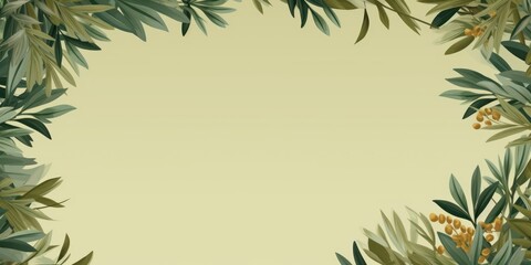 Fototapeta na wymiar Tropical plants frame background with olive blank space for text on olive background, top view. Flat lay style. ,copy Space flat design vector illustration