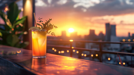 Refreshing cocktail at rooftop bar, sunset city view - obrazy, fototapety, plakaty