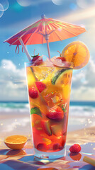 Refreshing summer fruit cocktail on the beach with a parasol garnish 