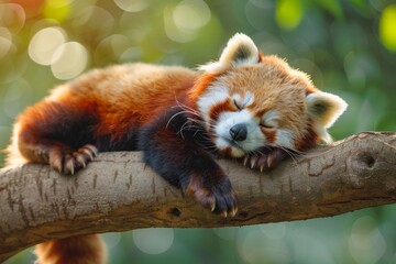 Sleepy red panda resting on a tree branch against a soft-focus green background.