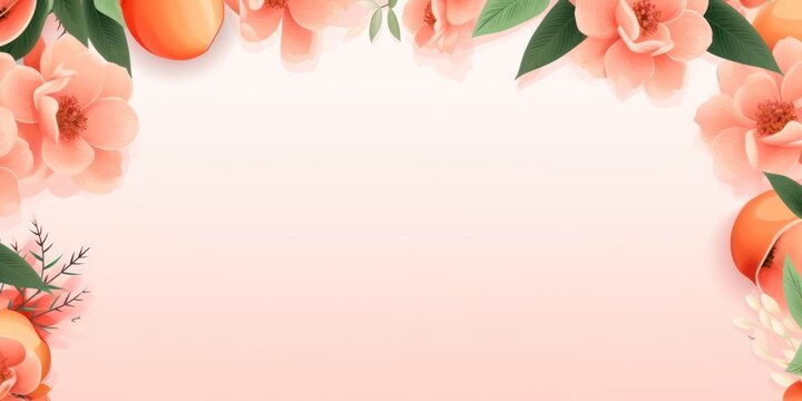 Tropical plants frame background with peach blank space for text on peach background, top view. Flat lay style. ,copy Space flat design vector illustration