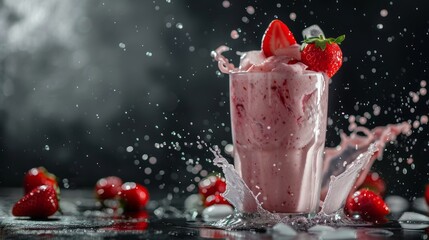 Vibrant strawberry milkshake splash with fresh strawberries on table - delicious summer beverage photography with dynamic splashes and black background