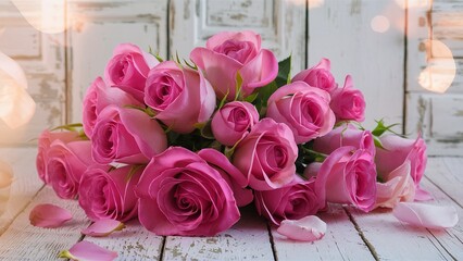Pink roses on old white wooden background