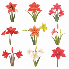 Fototapeta premium Amaryllis Flower Icon Set, Garden Amaryllis Flat Design, Abstract Spring Amaryllis Symbol