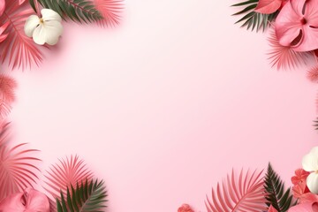 Fototapeta na wymiar Tropical plants frame background with pink blank space for text on pink background, top view. Flat lay style. ,copy Space flat design vector illustration