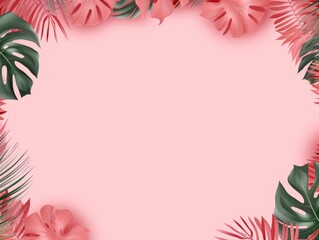 Fototapeta na wymiar Tropical plants frame background with pink blank space for text on pink background, top view. Flat lay style. ,copy Space flat design vector illustration
