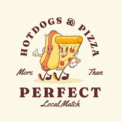 Groovy Pizza and Hotdog Retro Characters Label Template. Cartoon Food Slice and Wiener Sausage with Bun Walking and Smiling. Vector Fast Food Mascot Emblem Template. Vintage Sign Illustration Isolated