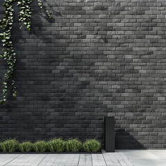 Black brick wall with green plants and white floor outdoors