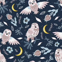 Seamless pattern with owls, crescents and floral elements. - obrazy, fototapety, plakaty