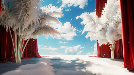 Surreal Stage with Red Curtains and White Feathers Under a Cloudy Sky. Generative AI - obrazy, fototapety, plakaty