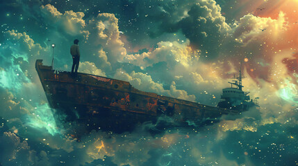 Surreal scenery of the man on a boat in the outer space
