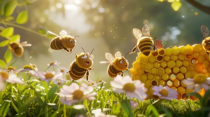 In a picturesque countryside scene, a cheerful ensemble of cartoon bees hovers around a honeycomb-shaped signboard nestled among a field of wildflowers. - Powered by Adobe