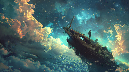 Surreal scenery of the man on a boat in the outer space
