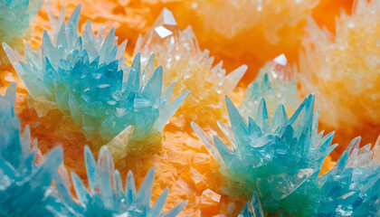 Cluster of azure and orange crystals, beautiful abstract close-up background, generative ai