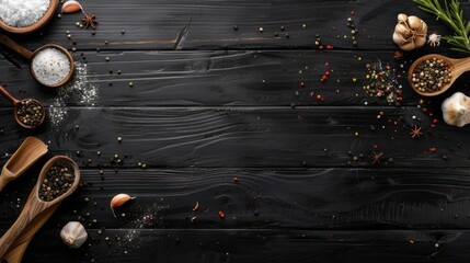 Top view of culinary creations: cooking scene on black wooden background with space for text