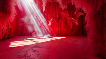 Vivid Red Room with Ethereal Light Rays and Floating Feathers. Generative AI