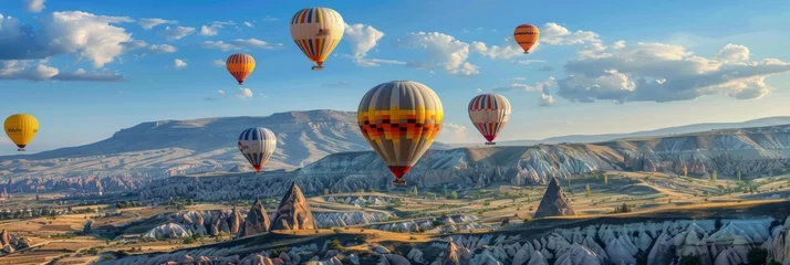 Foto op Plexiglas Balloon Tourism, Air Balloons in Sky, Mountain Landscape with Ballooning, Turkey Landscape © artemstepanov