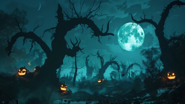 A haunting tableau of a moonlit forest, where the twisted silhouettes of dead trees are accompanied by the soft, menacing glow of pumpkins