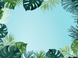 Tropical plants frame background with sky blue blank space for text on sky blue background, top view. Flat lay style. ,copy Space flat design