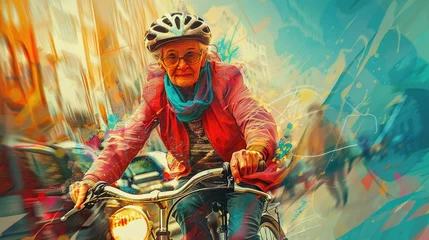 Foto op Plexiglas Ageless Rider Pedals pumping, a senior woman conquers the road on her bike. Colorful digital art captures her spirit. © INT888