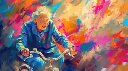 Fototapeta na wymiar Two Wheels, Timeless Joy An elderly woman cycles, vibrant spirit bursting like the digital artwork around her.