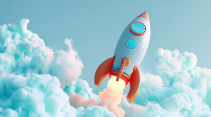 Fusée de style dessin animé, cartoon en 3D, volant dans le ciel, avec des nuages blancs. - obrazy, fototapety, plakaty