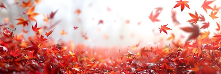Panoramic border, header or footer with red Autumn maple leaves, red white background - obrazy, fototapety, plakaty