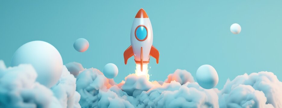 Fus&eacute;e de style dessin anim&eacute;, cartoon en 3D, volant dans le ciel, avec des nuages blancs.