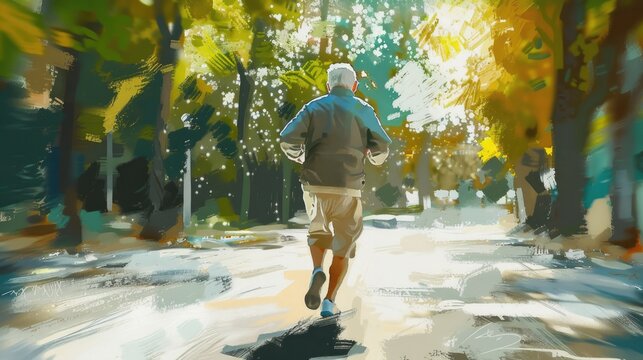 Sunrise Chaser, A senior citizen chases the sunrise, a vibrant digital painting showcasing their active spirit.